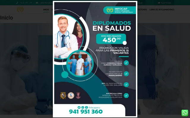 Captura de la web de Diplomados virtuales salud Perú | Inicio 30 c/mes | INFOCAP